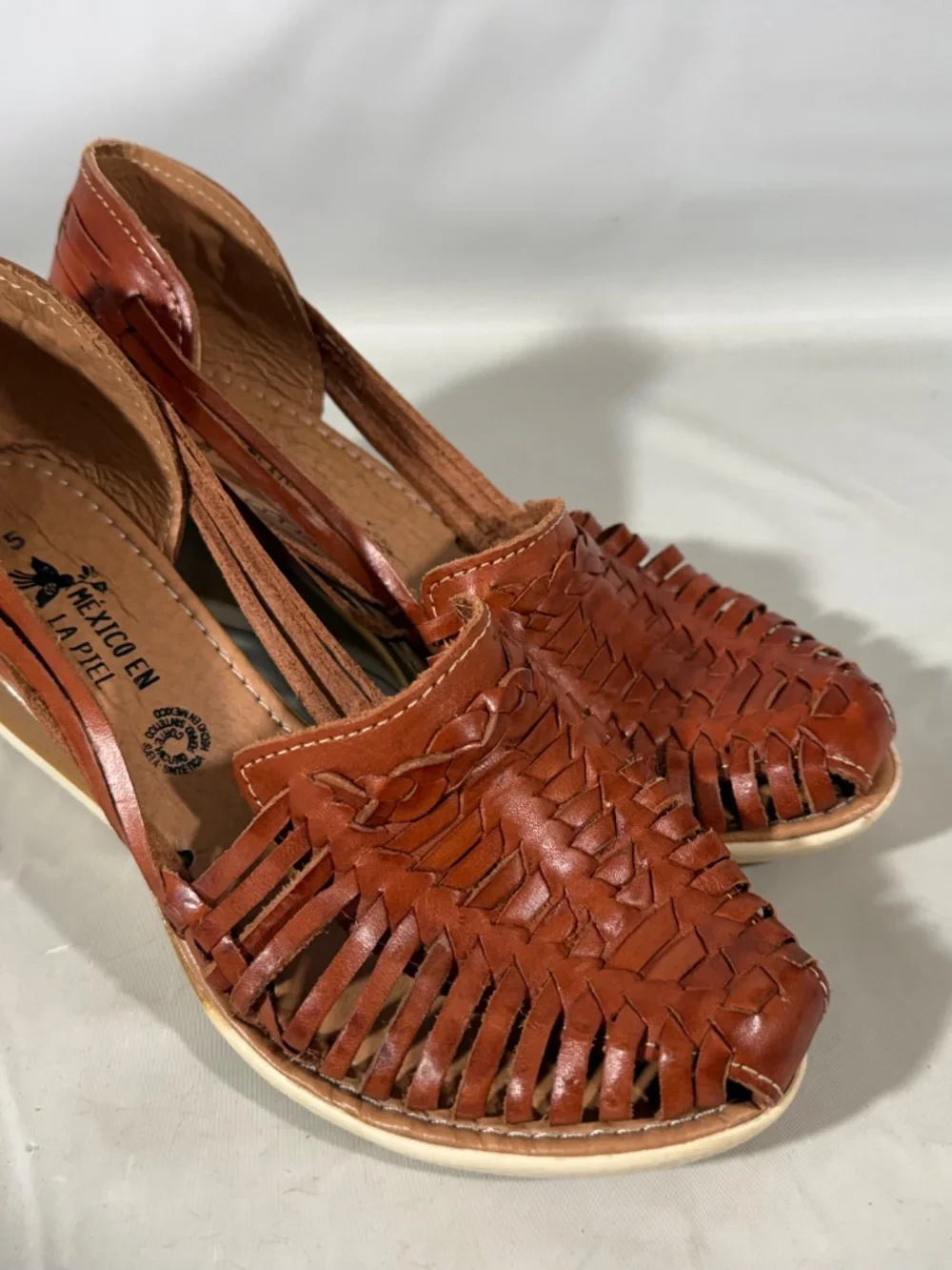 Mexico En La Piel Braided Woven Leather Huarache Wedge Sandals Ankle Womens 8